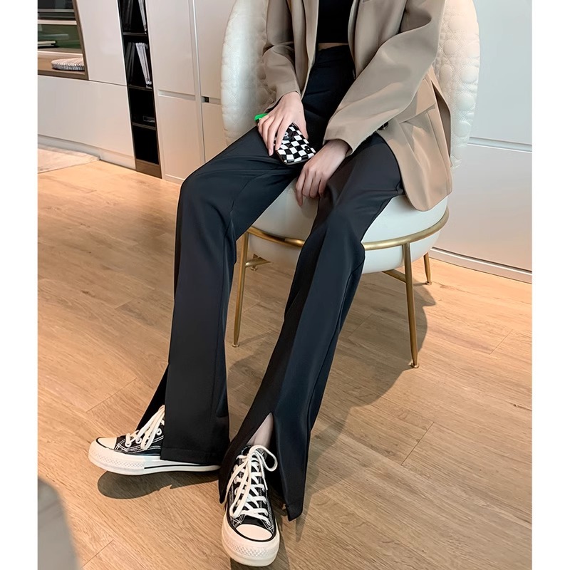 Pantalones de traje negro para mujeres 2024 otoño y invierno más vello cintura alta tenedor recto adelgazamiento de alta calidad pantalones de piernas anchas