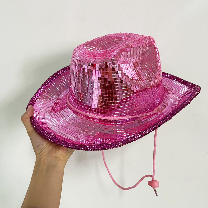 Disco espejo láser sombrero de vaquero fiesta fiesta de baile con lentejuelas sombrero occidental transfronterizo reflectante sombrero de rendimiento rosa plateado