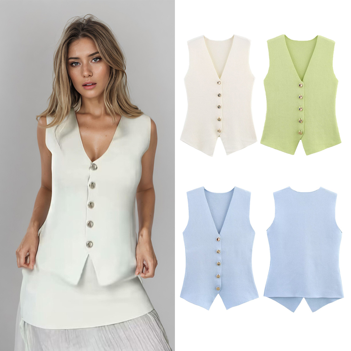 Cross-border Foreign Trade Women's 2025 Spring and Summer European and American Style V-neck Sleeveless Knitted Vest Vest Women's Top B88839