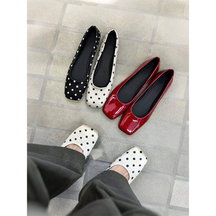 Sheepskin version ~ polka dot single shoes women's square toe shallow mouth 2026 spring new style versatile Mary Jane ballet shoes flat shoes