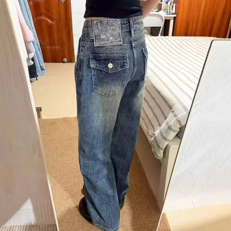 Vintage Embroidered Wide-Leg Jeans for Women, 2026 Spring New American-Style Low-Waist Slim-Fit Design Straight Long Pants Vintage Embroidered Wide-Leg Jeans for Women, 2026 Spring New American-Style Low-Waist Slim-Fit Design Straight Long Pants