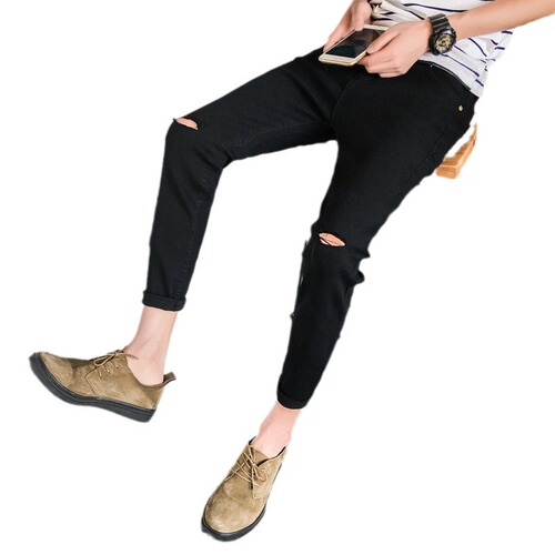 Men's slim fit black ripped jeans with small ankle for teenagers