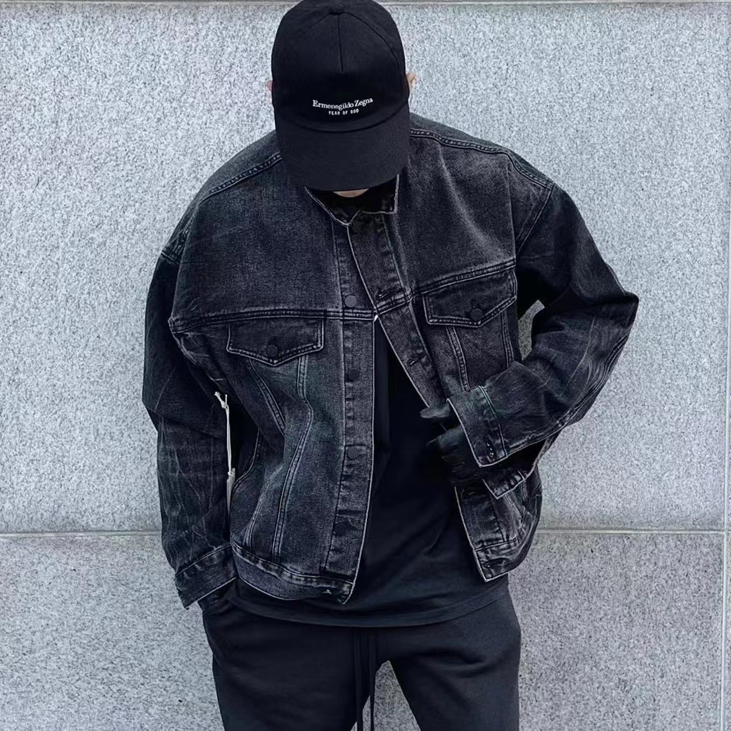Men's Clothing trendy brand double line washed distressed black denim jacket men and women high street coat_voghion.com