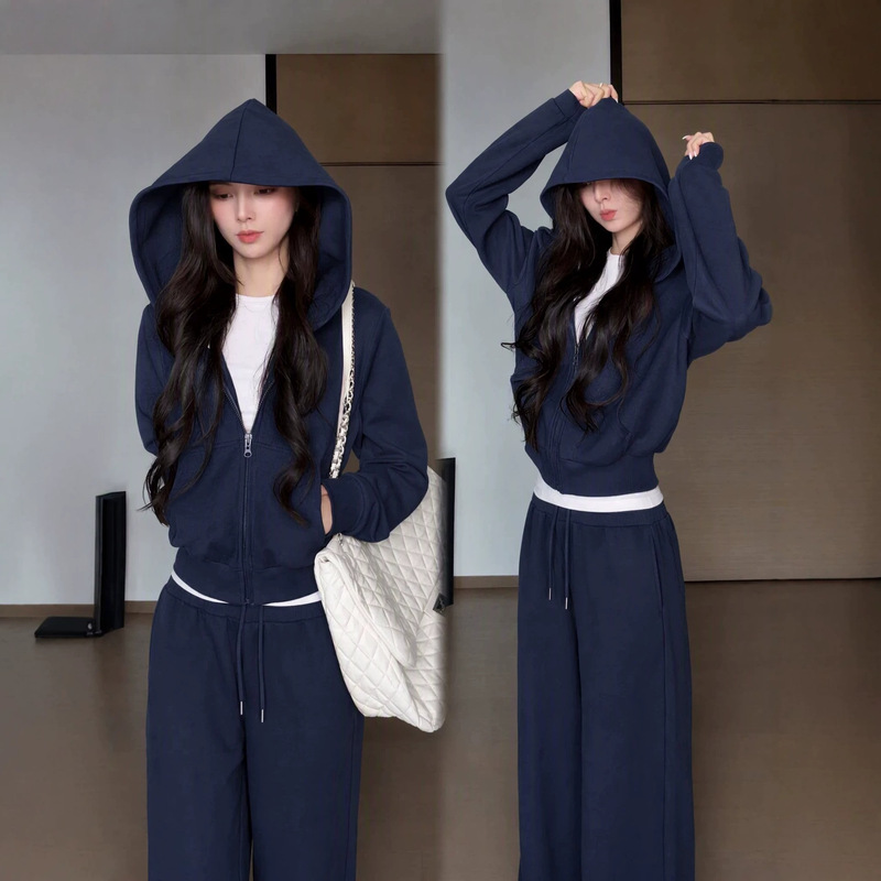 Dark Blue Short Sweatshirt Set for Women, Early Autumn, Petite Size, Waist-Cinching Hooded Jacket, Korean Style, Lazy Style