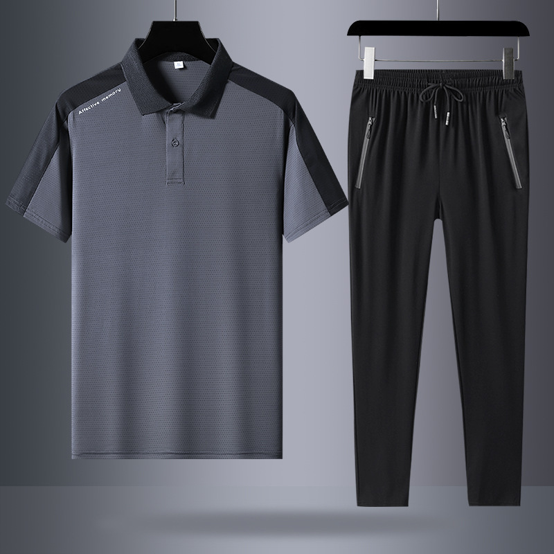 Traje deportivo para hombres de verano de mediana edad casuales de hielo de manga corta polo camiseta pantalones largos grandes secado rápido dos piezas