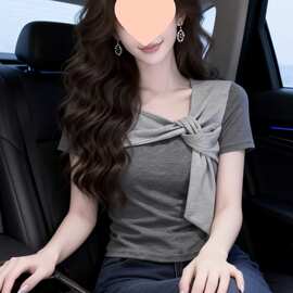 韩版少女感洋气气质修身显瘦百搭短袖斜领撞色绑带别致T恤上衣女