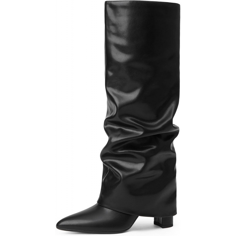 Women's Knee-High Boots with Foldable Knee-High Shaft, Chunky Heel, Long Boots with Zipper, Pointed Toe Dress High Boots Women's Knee-High Boots with Foldable Knee-High Shaft, Chunky Heel, Long Boots with Zipper, Pointed Toe Dress High Boots