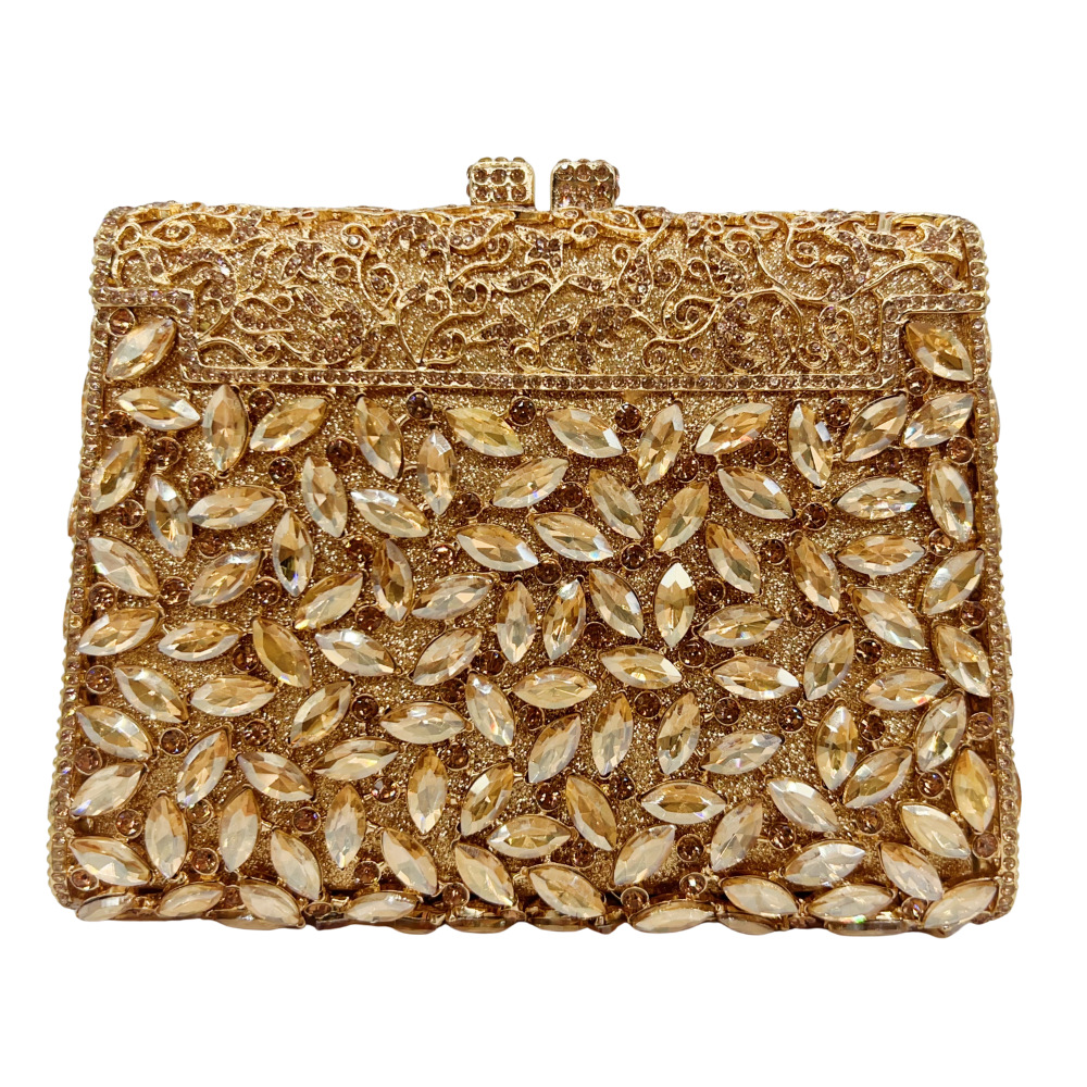 Túi clutch nữ đính kim cương dự tiệc phong cách châu Âu – túi vuông nhỏ cầm tay — vàng