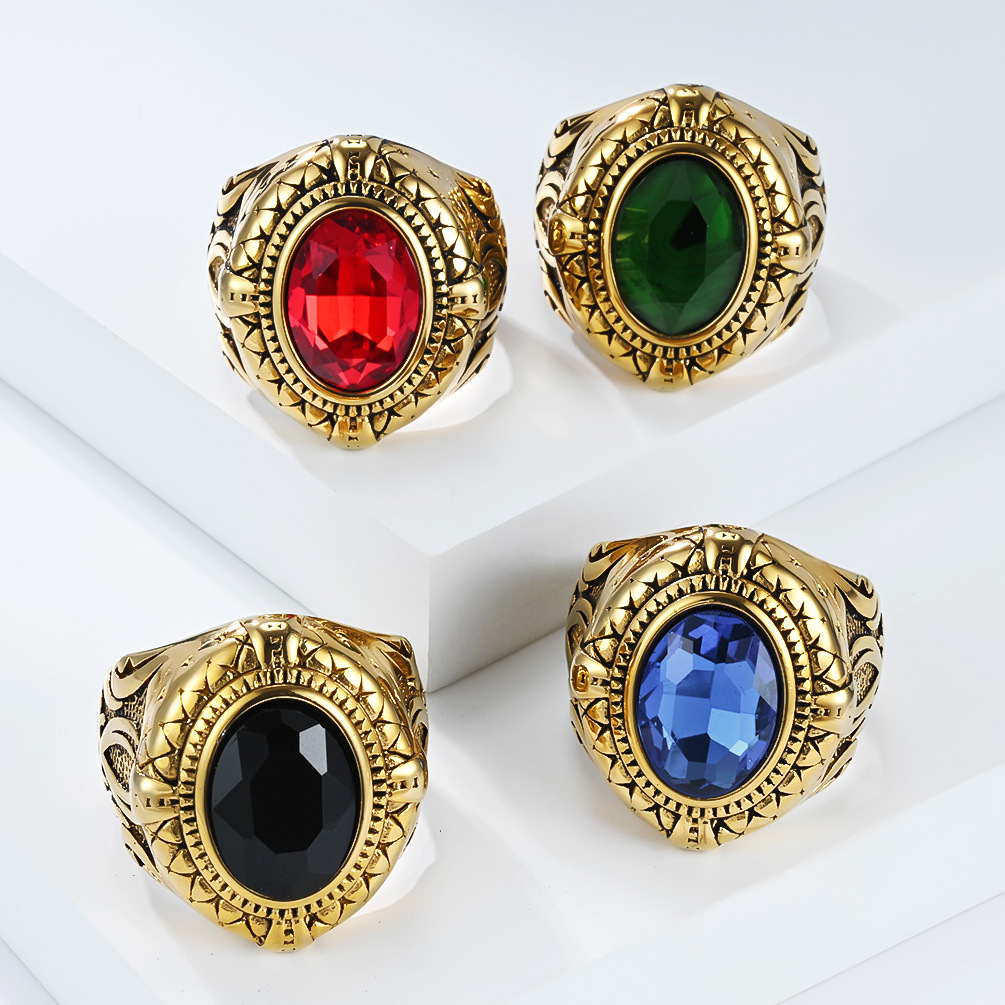 跨境欧美个性复古佐勒菲卡尔剑钛钢宝石戒指经典时尚不锈钢扳指环