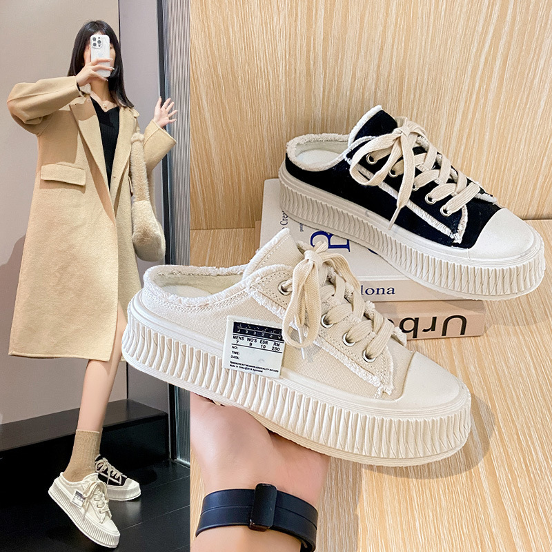 Women's Outer Wear Lazy Baotou Half Slippers 2023 Winter Cotton Canvas Shoes One-Leg Thick-Soled Platform Mules