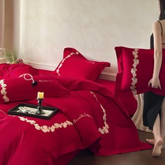 高端结婚纯棉四件套婚庆大红色全棉被套床单床笠新婚婚嫁床上用品