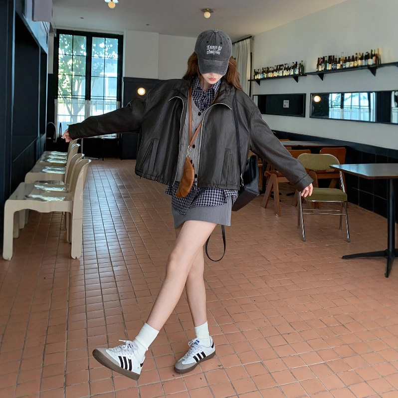 咖色皮衣外套女秋季2025新款美式复古百搭小个子炸街独特短款夹克|undefined