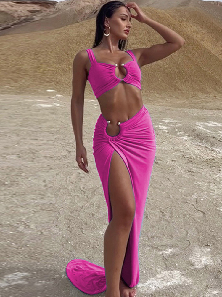 Fête Plage Date Femmes Sexy Couleur Unie Spandex Polyester Métal Évider Jupe Ensembles Jupe Ensembles display picture 29