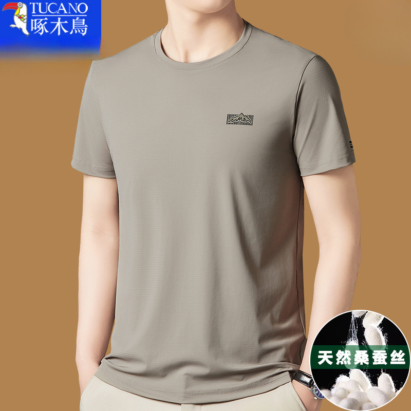 キツツキマルベリーシルク半袖 Tシャツメンズ 2025 新しい夏のラウンドネック Tシャツアイスシルク半袖メンズ Mengwei|undefined
