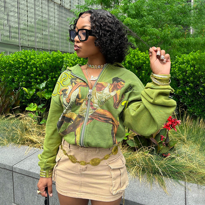 American-Style Trendy Quirky Cat-Themed Women's Hooded Sweatshirt with Letter Print and Zipper, Casual Sportswear, Trendy School Uniform