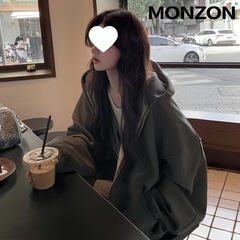 MONZON灰色拉链卫衣女春秋新款宽松休闲百搭连帽开衫运动上衣外套