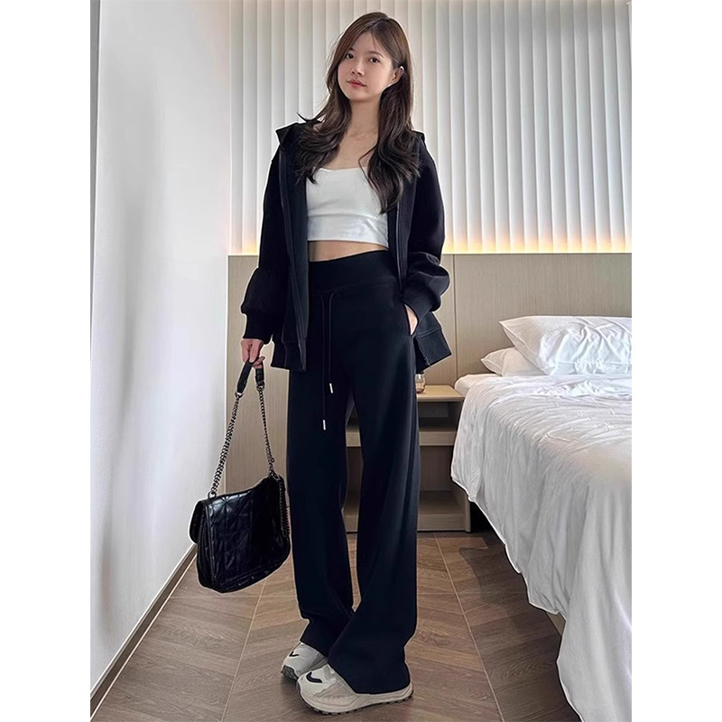 Este año, la popularidad de pantalones casuales sueltos bf perezosos, pantalones casuales de moda, pantalones de pierna ancha rectos negros, pantalones de caño para mujeres
