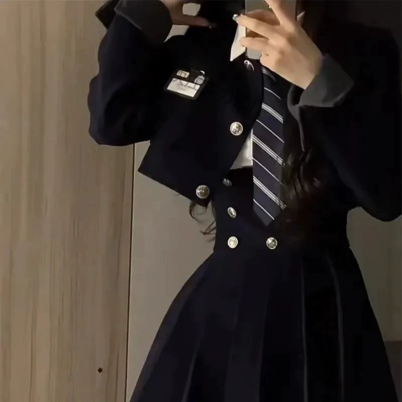 Корейский школьный костюм женский короткий пиджак JK униформа юбка весна и лето с высокой талией тонкая плиссированная юбка из трех частей