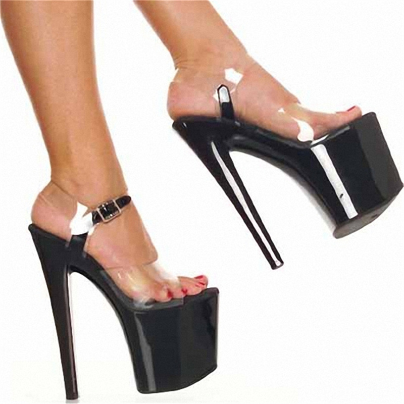 Zapatos de actuación sexy de tacón súper alto de 26cm, tacones súper altos, plataforma de tacón de aguja, sandalias de cristal transparente con boca de pez