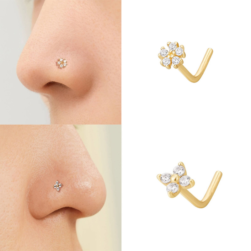 Hot Sale S925 Sterling Silver European And American L Rod Inlaid Zircon Flower Nose Stud Body Piercing Jewelry_voghion.com