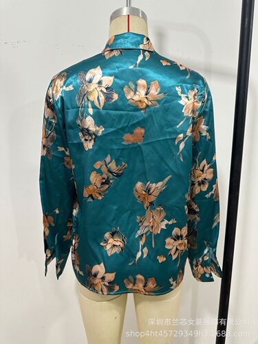 【Label】Golden Lotus Print Shirt for Spring and Summer, Collared, Elegant Satin Face, Tapered Long Sleeve Professional Clothing