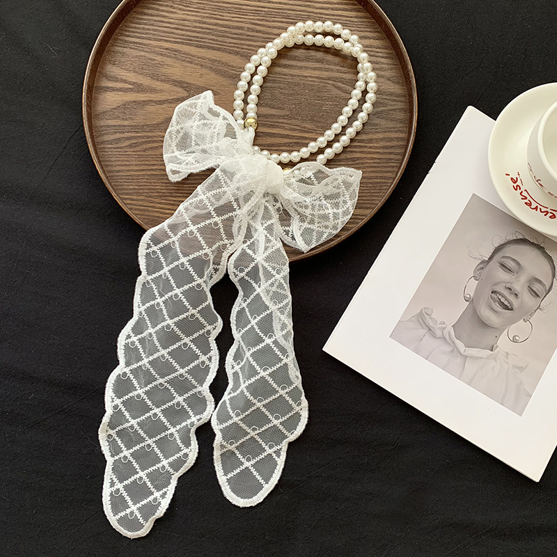 Collar de perlas nuevo estilo bufanda de seda de encaje retro tira larga cinta decorativa versátil de alta gama cinta para el cabello cinturón multifuncional