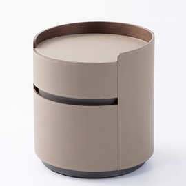 SRKYQ-M676#高档圆形马鞍皮床头柜卧室实木小型意式极简皮质收纳