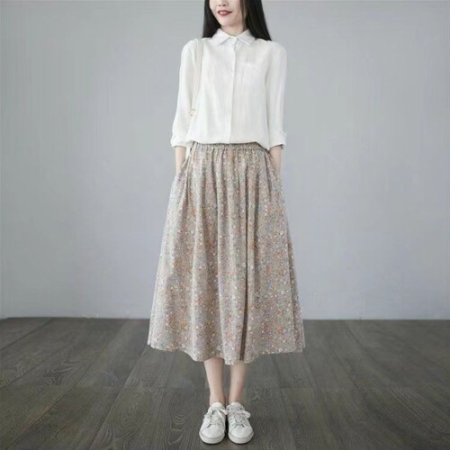 Pocket artistic small floral skirt women's mid-long fresh summer new slimming high-waist a-line skirt