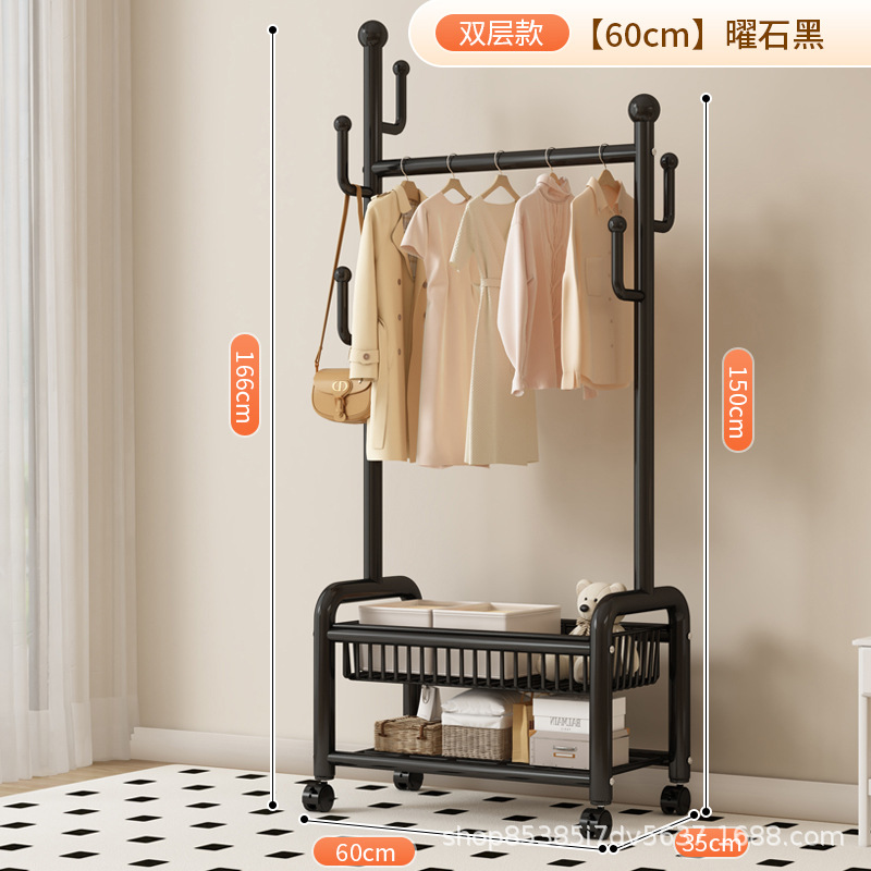 60cm 클래식 블랙 더블 레이어 메쉬 바구니丨후크 6개 + 금속 캐스터 휠