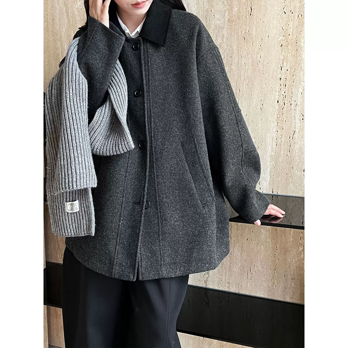 鹿西 高级质感羊毛复古气质撞色外套女冬季新款简约毛呢大衣7127