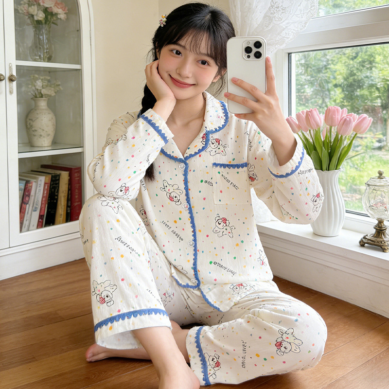 Cross-Border Korean-Style Colorful Polka Dot Puppy Cloud Cotton Skin-Friendly Soft Long-Sleeve Long-Pants Girl's Pajamas Loungewear for Home and Outdoor Wear Cross-Border Korean-Style Colorful Polka Dot Puppy Cloud Cotton Skin-Friendly Soft Long-Sleeve Long-Pants Girl's Pajamas Loungewear for Home and Outdoor Wear