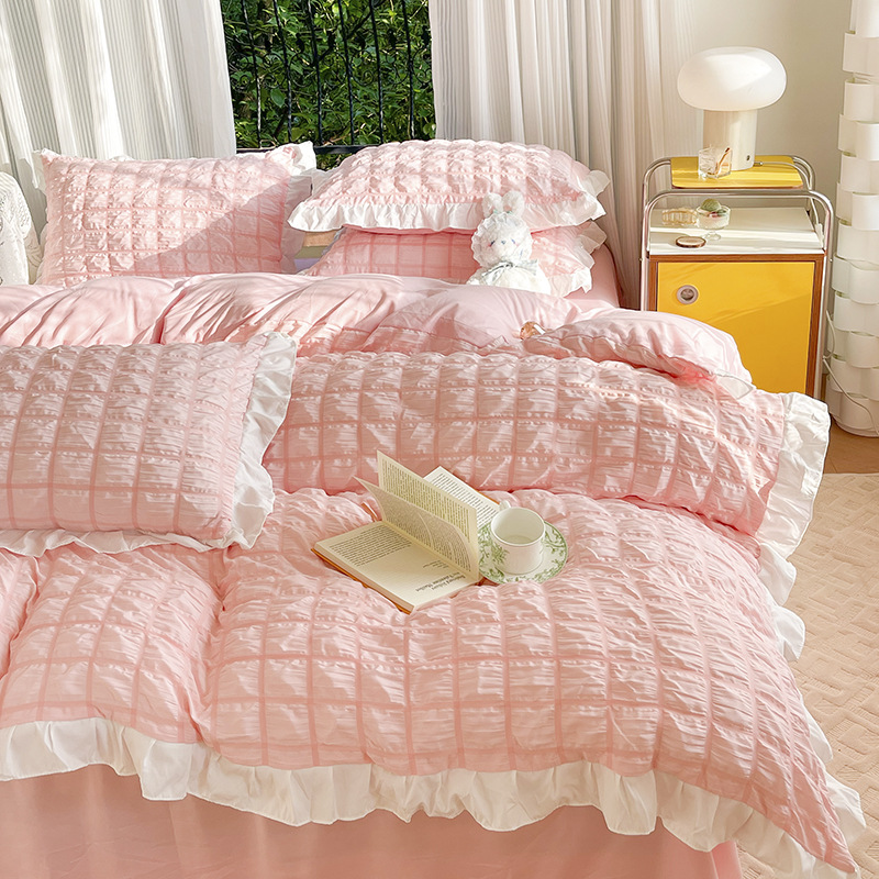 Seersucker Lace Four-Piece Girly Heart Solid Color Dormitory Set Washable Simple Style Quilt Cover Bedding_voghion.com