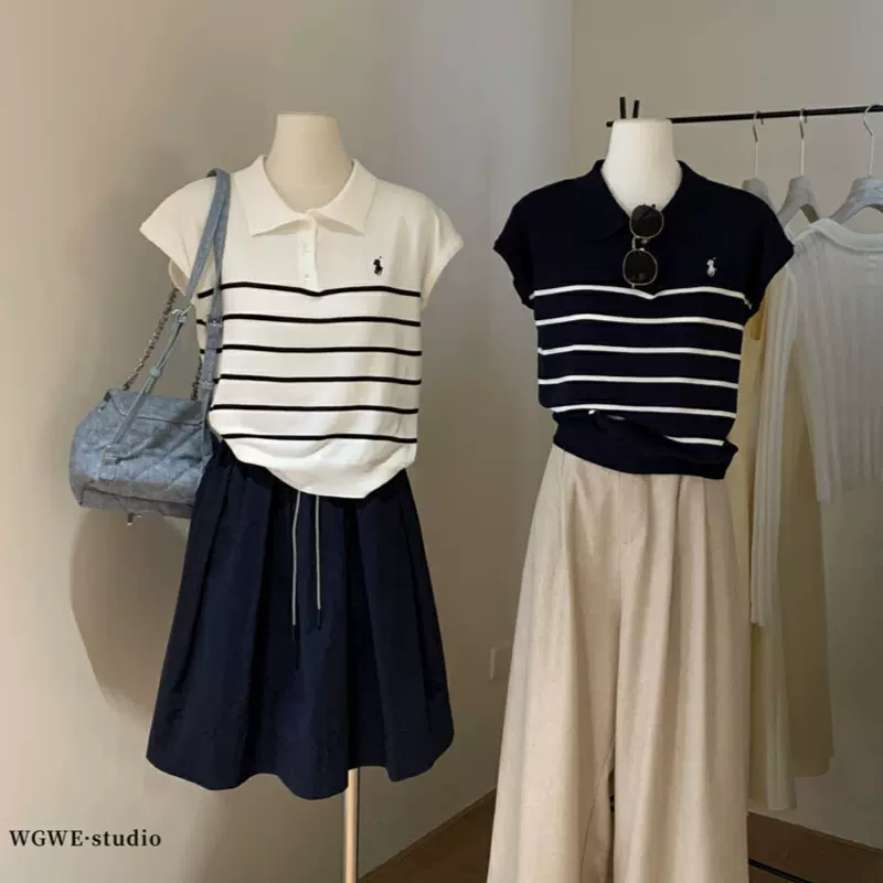 WGWE 2025夏季极简主义复古polo领刺绣百搭上衣针织衫女T恤W5319