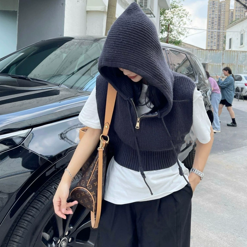 2022 осень новый топ в Корейском стиле вязаный жилет с капюшоном на молнии с завязками женский короткий кардиган свитер жилет Мода