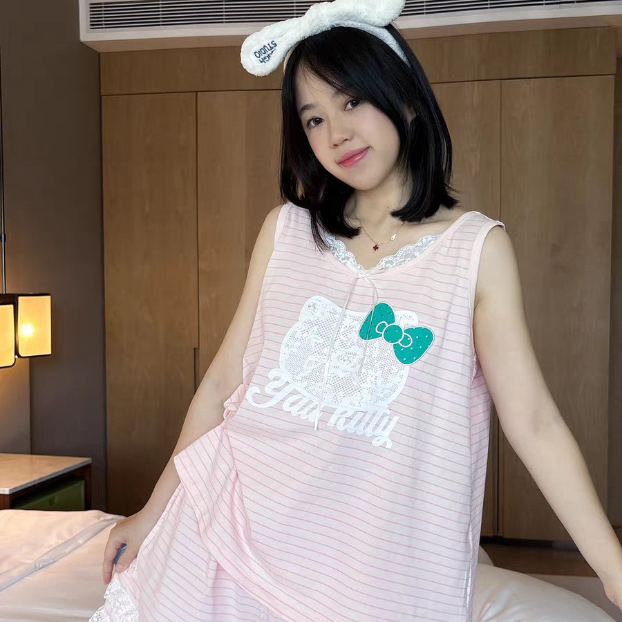 여름 새 스타일은 집 밖에서 입을 수 있습니다. 달콤한 k 귀여운 레이스 키티 서스펜더 잠옷 여성 조끼 반바지 세트