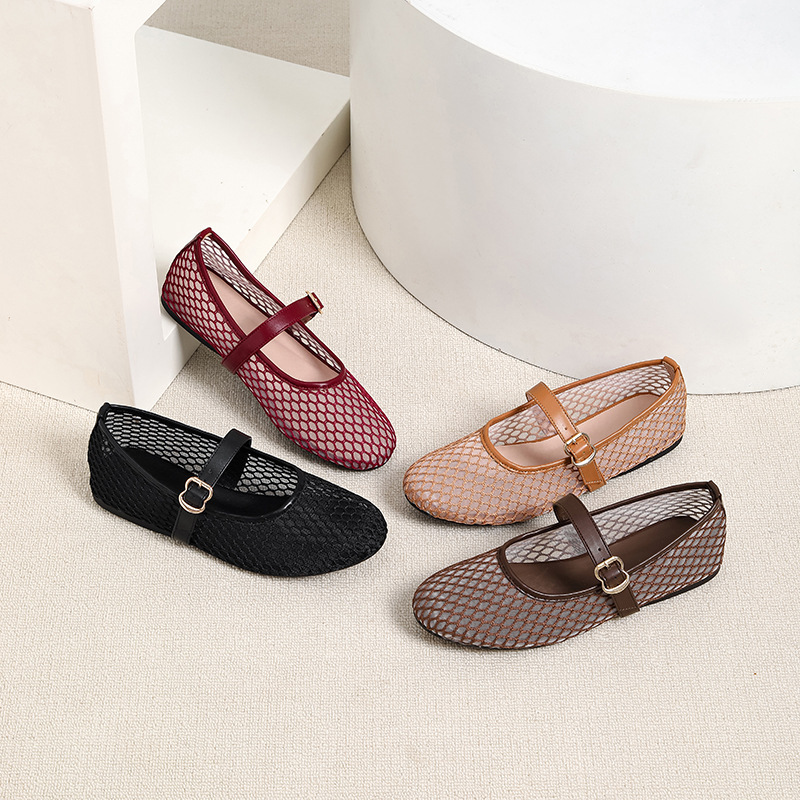 Cross-border Amazon One-Strap Mesh Mary Jane Shoes 2026 New Vintage Round-Toe Soft-Soled Ballet Flats for Women