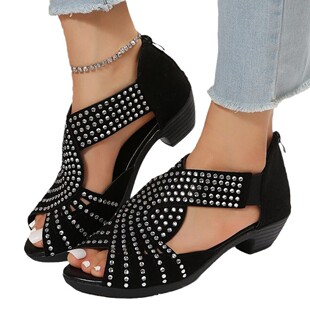 WISH Explosions 2022 Summer New Thick Heel High Heel Sandals Open Toe Rhinestone Back Zipper Large Size Women's Shoes