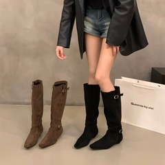 粗跟绒面棕色瘦瘦长筒靴女靴子2025新款秋冬季方头堆堆长靴骑士靴