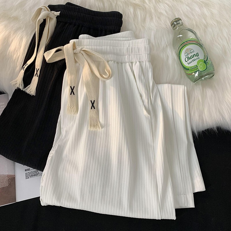 Men's Summer Thin Ice Silk Wide-Leg Pants, Trendy Straight Loose White Casual Pants with a Draping Effect, Floor-Length Pants, Wholesale