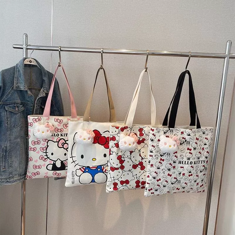Hello Kitty, вместительная сумка для покупок, сумка через плечо, милая льняная сумка