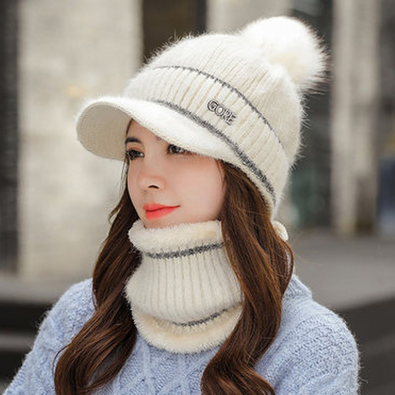 帽子女冬季保暖毛線鴨舌帽學生加絨加厚圍脖套裝騎車護耳針織帽潮