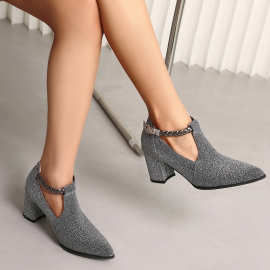 粗跟中跟尖头短靴女靴子大码40-43马丁外贸跨境成都踝靴亮片女鞋