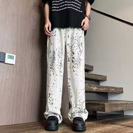 春夏新款潮牌白色豹纹牛仔裤宽松复古阔腿直筒裤子男休闲长裤痞帅