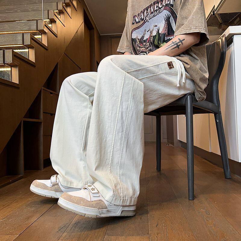 Ice Silk Cotton Linen Casual Pants for Men, Summer Thin Quick-Dry Loose Straight-Leg Sports Pants, Drapey Casual Long Pants Trendy
