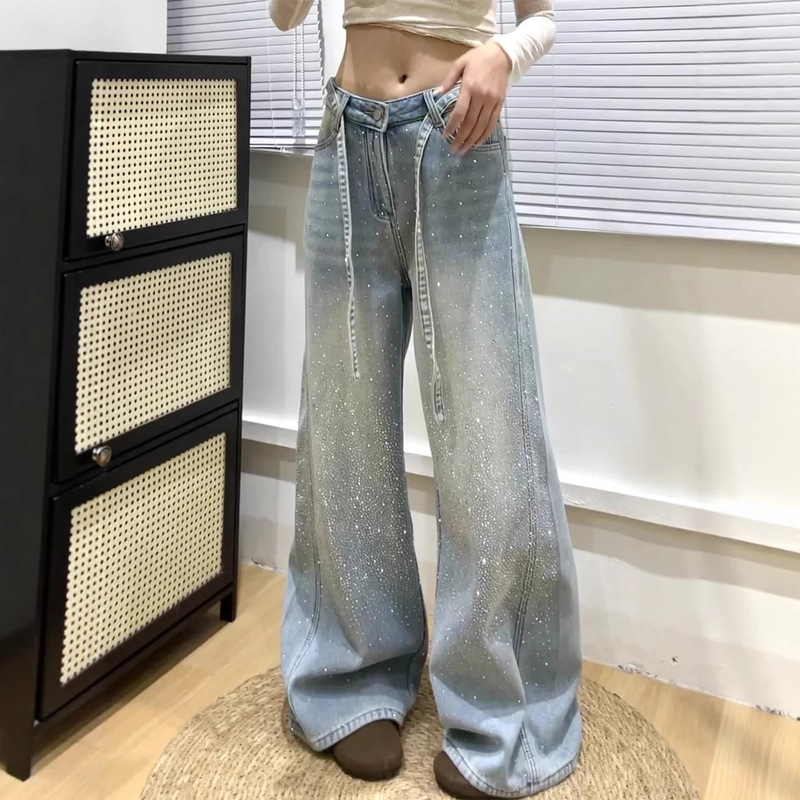 【Han Niu】Two-Tone Starry Sky Rhinestone Design New Wide-Leg Jeans, Loose Fit, Slimming, Floor-Length Pants 【Han Niu】Two-Tone Starry Sky Rhinestone Design New Wide-Leg Jeans, Loose Fit, Slimming, Floor-Length Pants