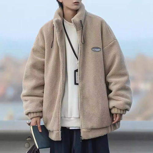 Japanese-style city boy cotton-filled winter coat for men, padded and thick, Korean-style lamb wool outer jacket, loose and trendy, stand-up collar cotton puffer jacket