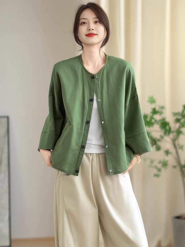 古咖服饰秋季纯色简约亚麻短外套女宽松遮肉短款显瘦纯色上衣|undefined
