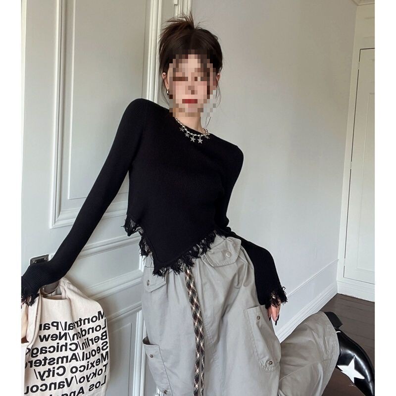 秋冬设计感圆领流长袖T恤女修身纯欲风洋气短款秋款上衣|undefined