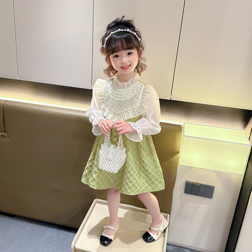 Lace Pearl Dress for Girls 2024 Spring New Fashion Princess Dress for Baby Girls, Cute and Trendy Children's Clothing