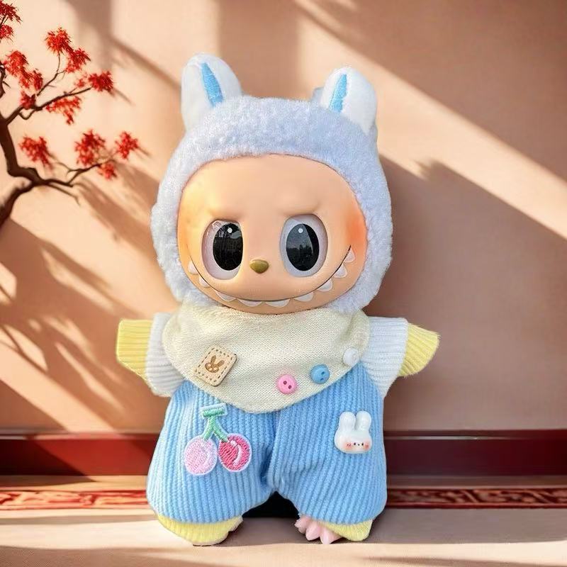 Nuevo conjunto de ropa y gorro de peluche con cara de "Sugar Glue" para muñecas, colgante de peluche, juguete Labuba, amuleto para bolso.